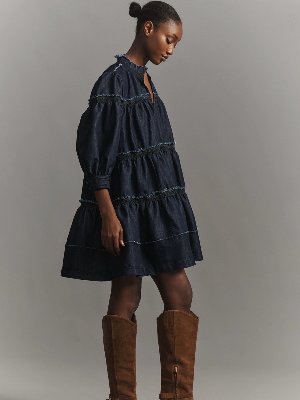 Pilcro Tiered Denim Swing Smock Dress Small Navy Jean